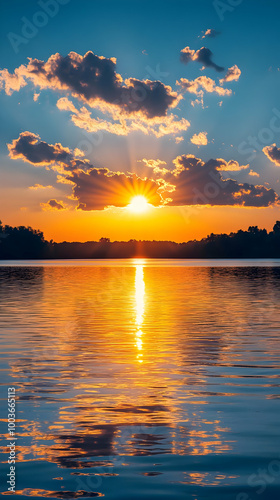 Golden Sunset Reflection on Calm Lake Water Photo