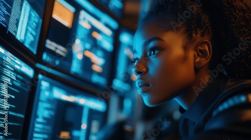 Focused woman working with advanced technology at a computer.