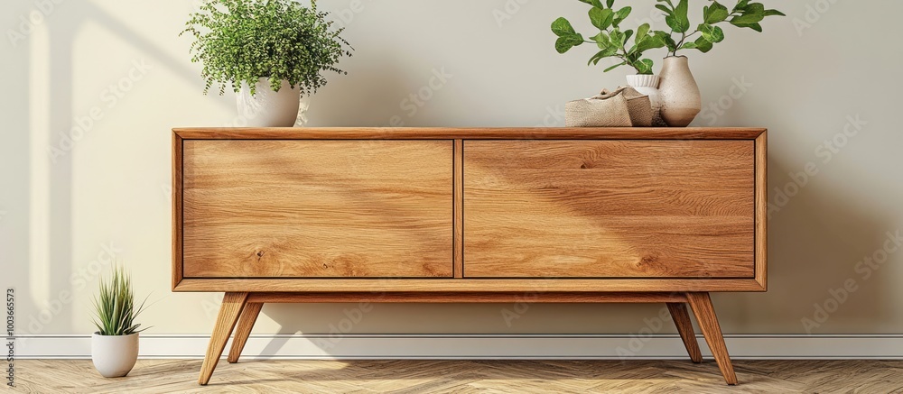 Wooden cabinet with two doors and legs, with potted plants on top. Wooden cabinet with two doors and legs, with potted plants on top.