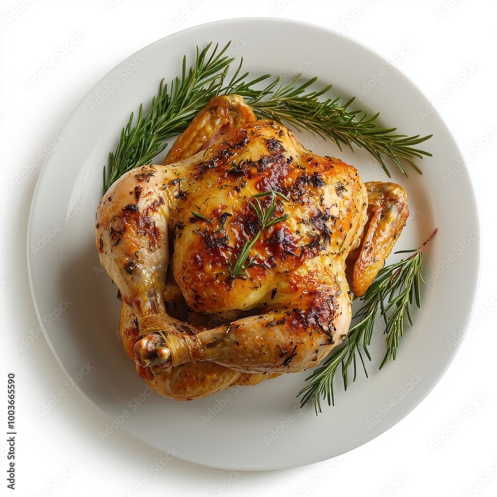 Roasted chicken on a plate, isolated on a white background, elegantly presented for a gourmet feel. Roasted chicken on a plate, isolated on a white background, elegantly presented for a gourmet feel.