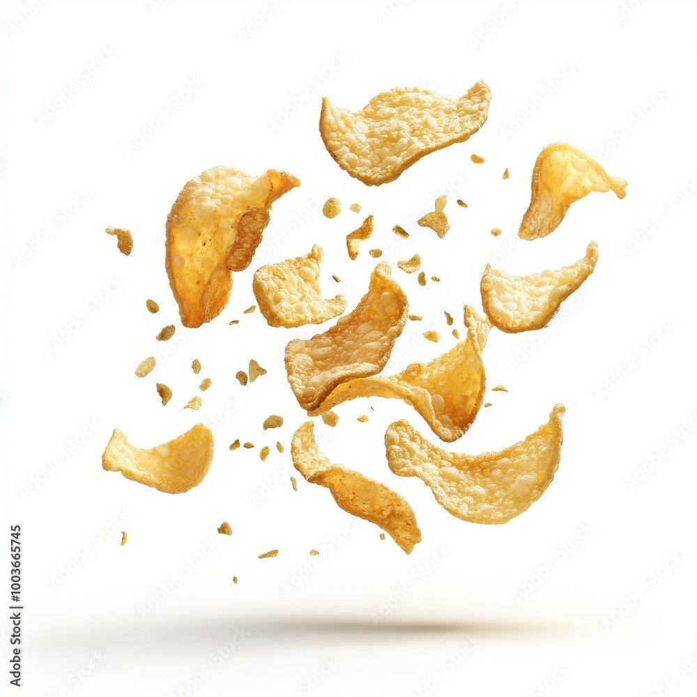 Flying crisps, isolated on a white background, adding a playful and dynamic element to the presentation. Flying crisps, isolated on a white background, adding a playful and dynamic element to the presentation.