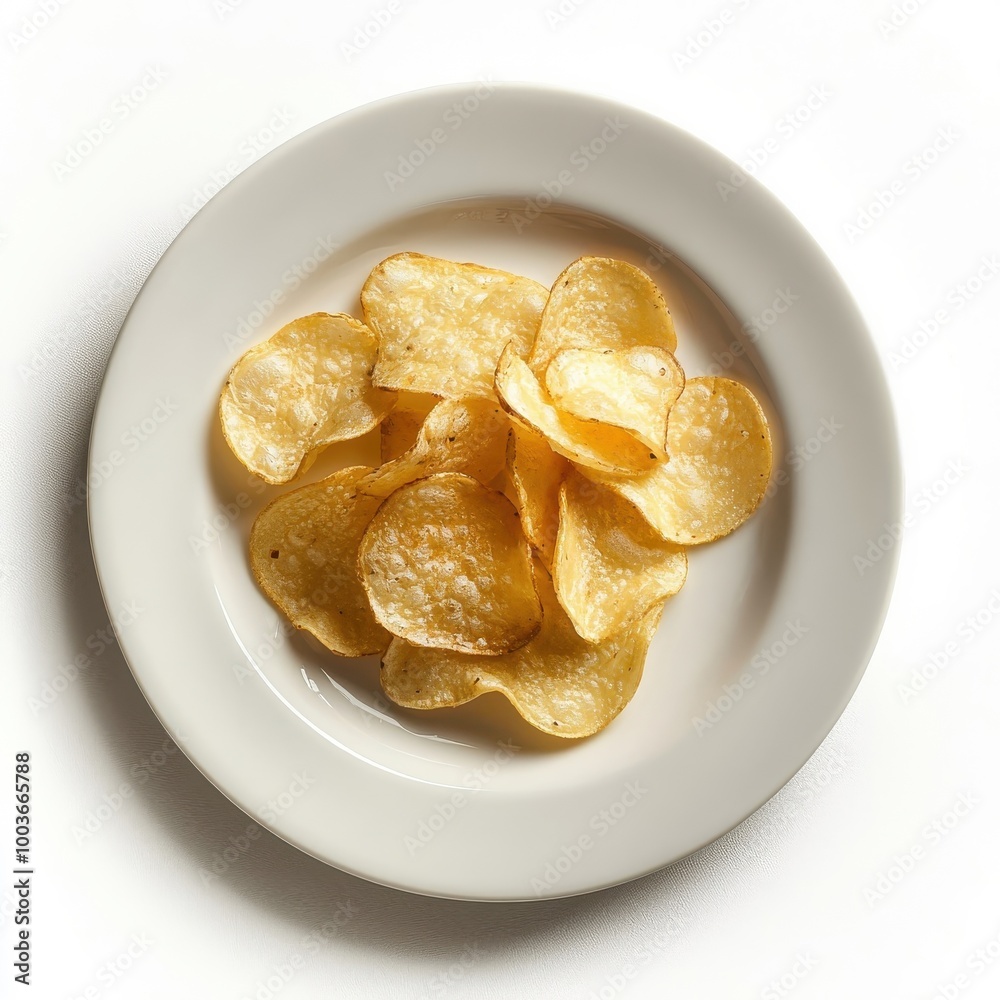 Crisps on a plate, isolated on a white background, elegantly arranged for an enticing snack presentation.