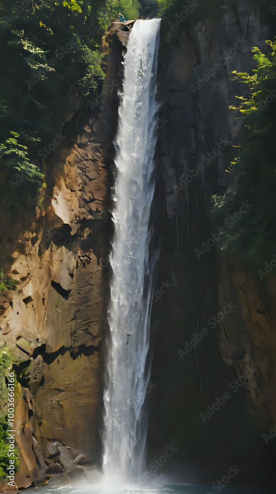 a man standing in a boat in front of a waterfall a man standing in a boat in front of a waterfall