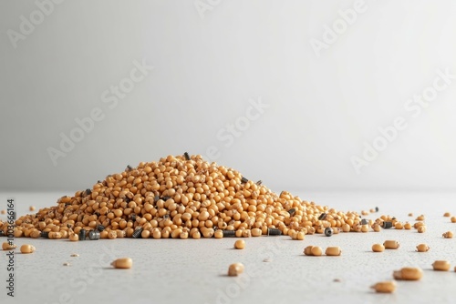 A pile of corn kernels mixed with bolts and screws, symbolizing the mechanization of feeding practices in factory farming and the blend of technology with agriculture. photo