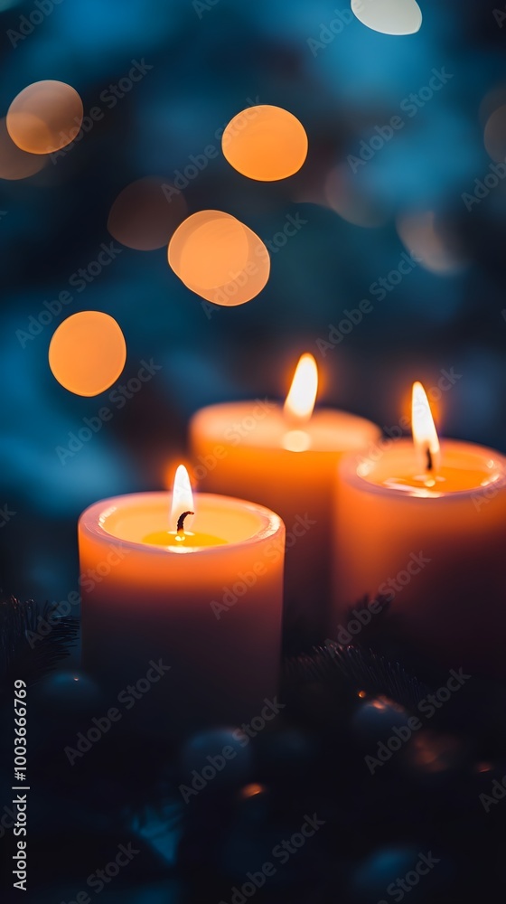 three lit candles placed closely together. They are glowing warmly, casting a soft light. The background is blurred with circular bokeh lights, which are out-of-focus points of light, creating a cozy three lit candles placed closely together. They are glowing warmly, casting a soft light. The background is blurred with circular bokeh lights, which are out-of-focus points of light, creating a cozy
