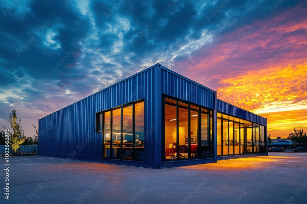 Modern Industrial Shipping Container Office at Twilight with Interior Lights On Modern Industrial Shipping Container Office at Twilight with Interior Lights On
