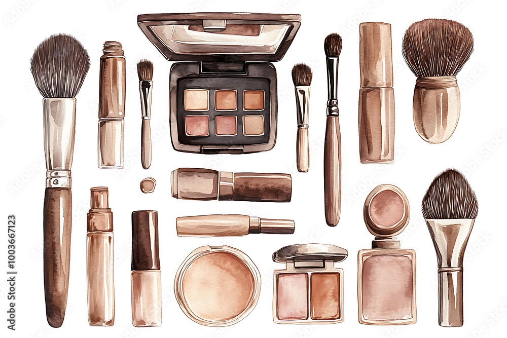 Makeup products for women. Colored hand drawn illustrations of different cosmetic accessories.