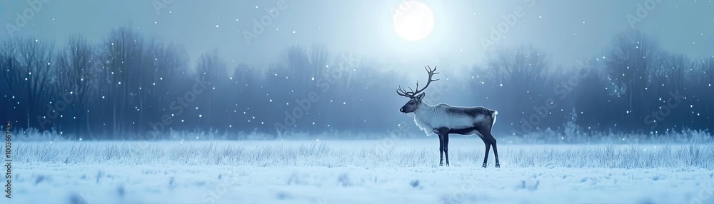 Naklejka premium A serene winter scene featuring a lone reindeer standing in a snowy landscape under a soft, glowing moonlight.