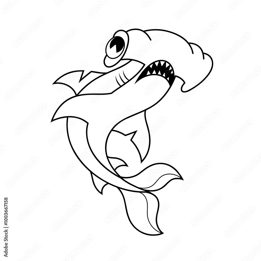 Naklejka premium Doodle cute character illustration hammerhead shark sticker outline