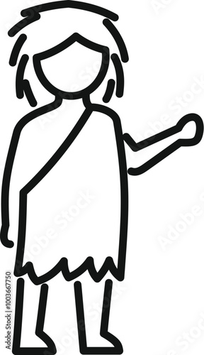 Line drawing illustration of a primitive caveman wearing an animal skin tunic and raising his arm