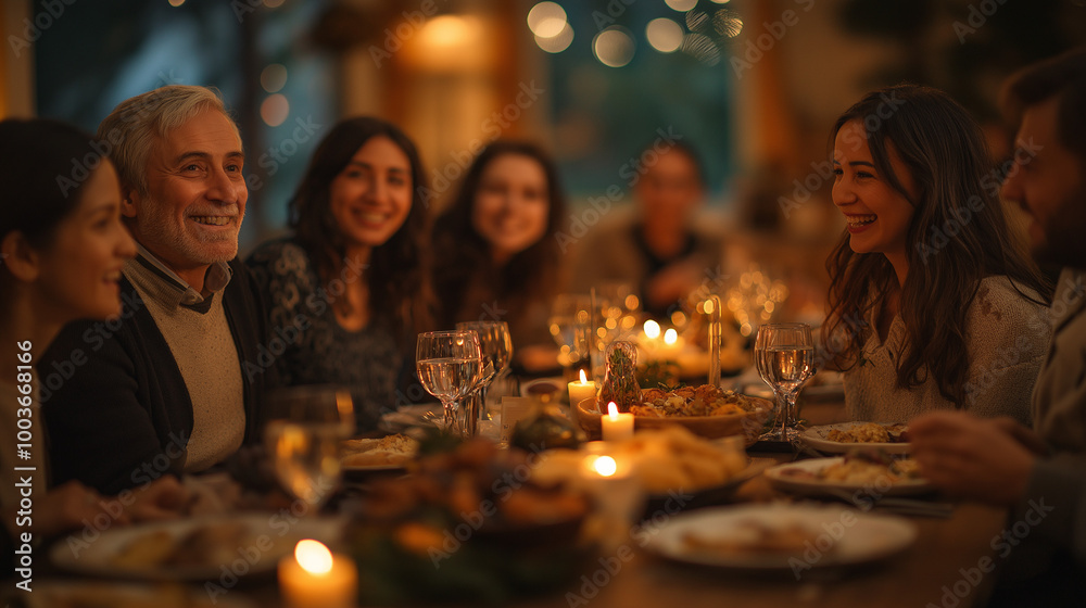 Family gathering with warm smiles and shared meal, joyful conversations and multigenerational interaction creating a festive atmosphere. Family gathering with warm smiles and shared meal, joyful conversations and multigenerational interaction creating a festive atmosphere.