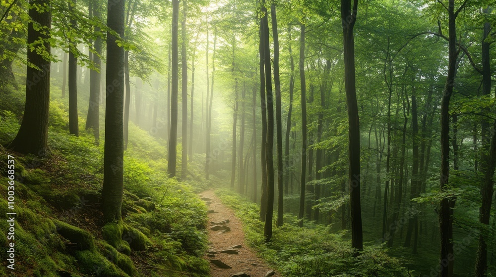 Obraz premium Photography of a misty forest with high trees, a narrow trail, and soft, diffused light filtering