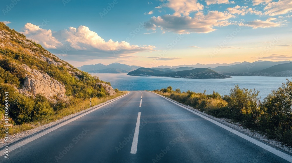 Obraz premium Empty asphalt highway and blue sea nature landscape at sunset 