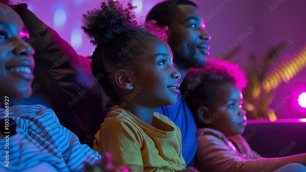 Family is enjoying a captivating tv experience, bathed in the glow of colorful lights that suggest a connection to neurotechnology and neural enhancement Family is enjoying a captivating tv experience, bathed in the glow of colorful lights that suggest a connection to neurotechnology and neural enhancement