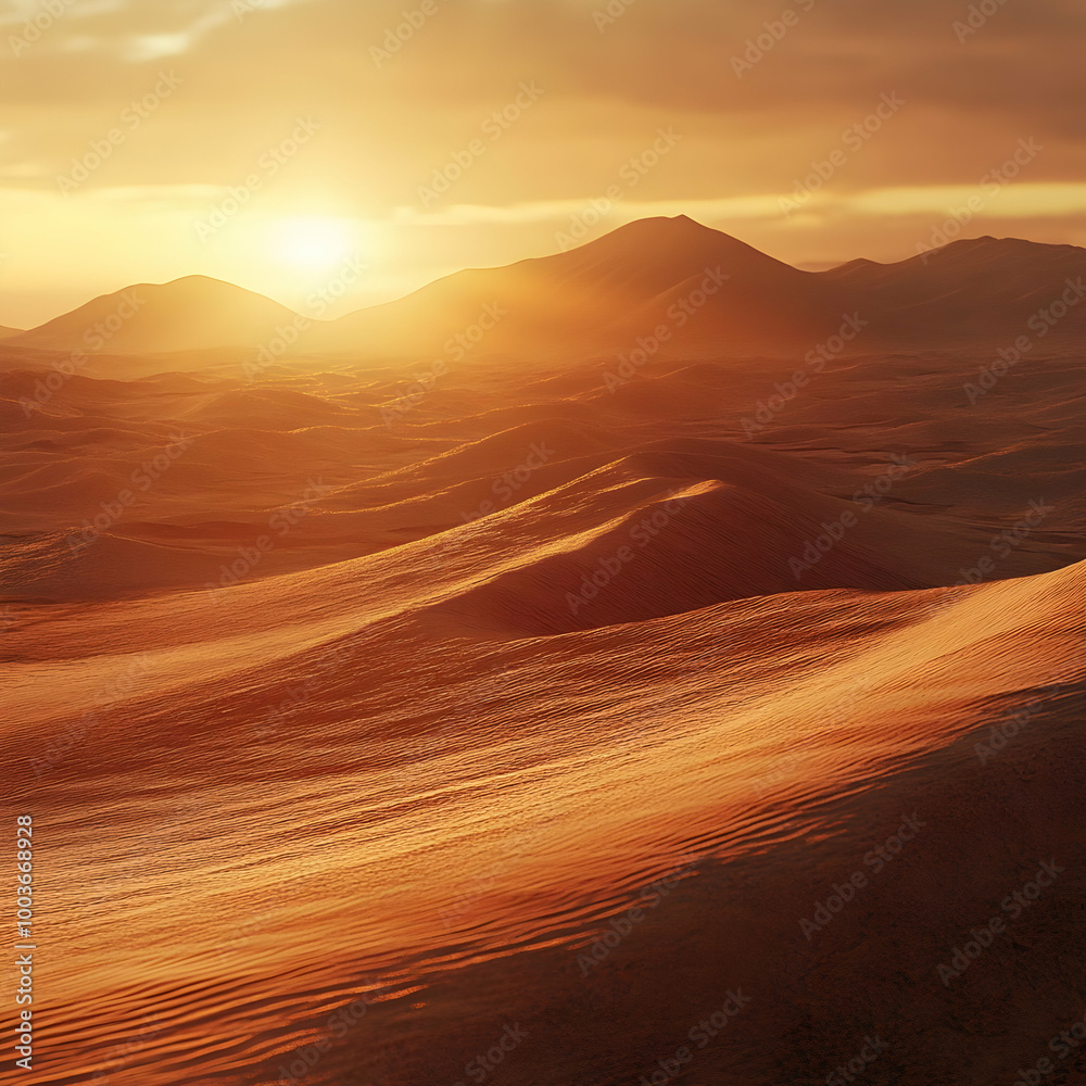 Naklejka premium Desert Landscape with Sunset and Rolling Sand Dunes - Realistic Image