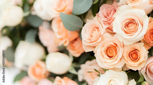 Beautiful floral arrangement with soft peach and coral roses, Generative AI