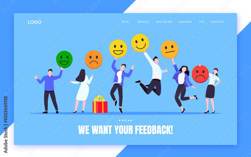Employee happiness and work attitude feedback business concept flat style vector illustration. Business people with various feedback emoticons. Working wellbeing and satisfaction feedback Employee happiness and work attitude feedback business concept flat style vector illustration. Business people with various feedback emoticons. Working wellbeing and satisfaction feedback
