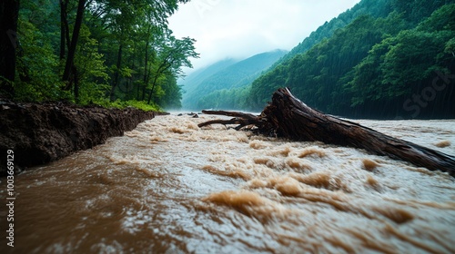 A serene river flows powerfully through a lush, green landscape, with foggy mountains in the background and a log resting in the water. photo