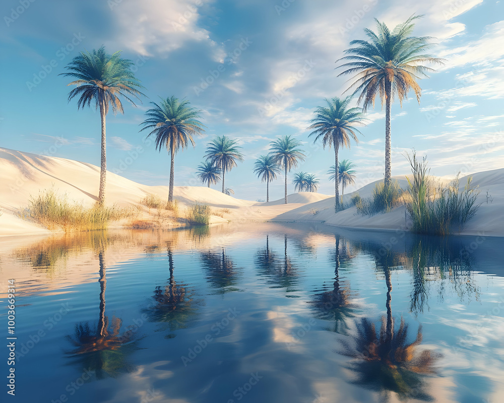 Palm Trees Reflecting in Still Water 3D Illustration Palm Trees Reflecting in Still Water 3D Illustration