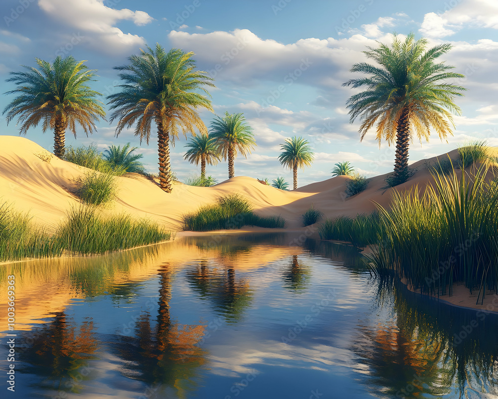 Palm Trees Reflecting in a Desert Oasis - 3D Illustration Palm Trees Reflecting in a Desert Oasis - 3D Illustration