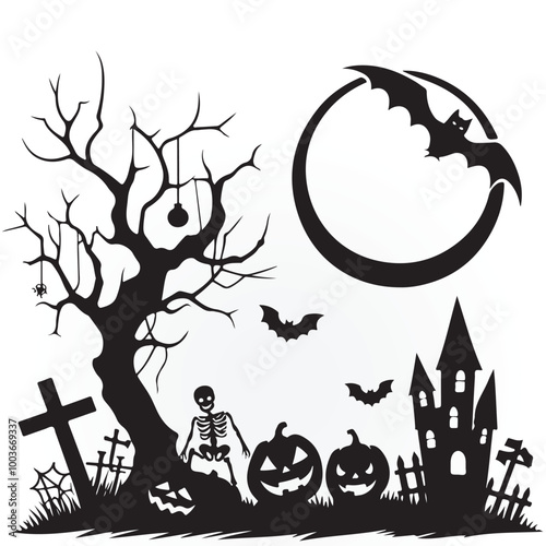 Halloween Haunted and Scary Ghost House Silhouette Vector illustration