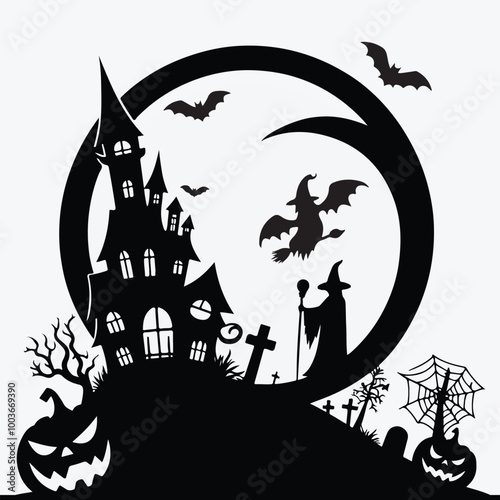 Halloween Haunted and Scary Ghost House Silhouette Vector illustration
