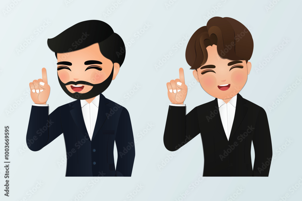 Happy business man entrepreneur pointing up by fingers Happy business man entrepreneur pointing up by fingers
