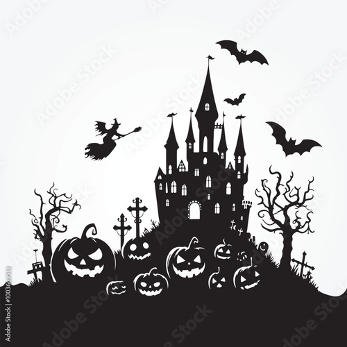 Halloween Haunted and Scary Ghost House Silhouette Vector illustration