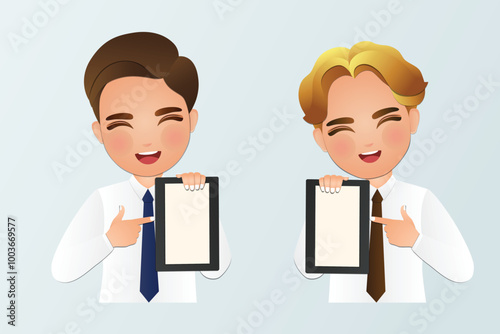 Cute cartoon Young man to while presenting with hand and pointing with finger