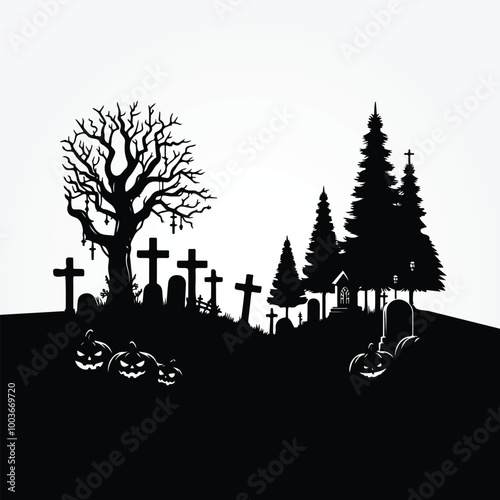 Halloween Haunted and Scary Ghost House Silhouette Vector illustration