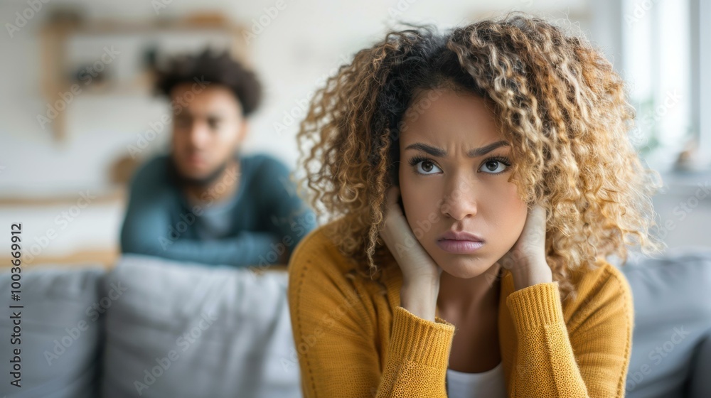 A woman sits on a couch looking sad. AI. A woman sits on a couch looking sad. AI.