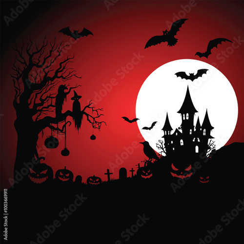 Halloween Haunted and Scary Ghost House Silhouette Vector illustration