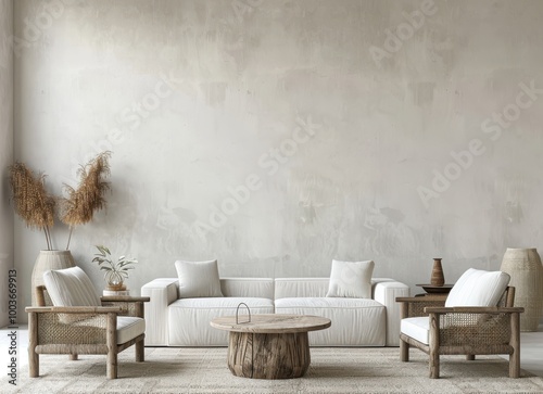 A minimalist living room with chairs and a sofa in white, in the style of minimalist staging, earth tone color palette