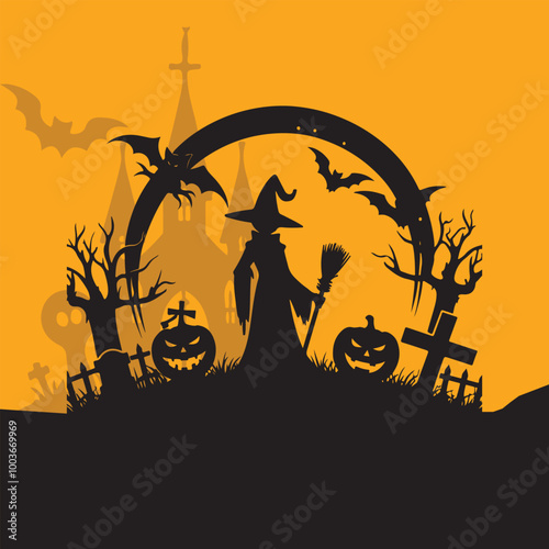Halloween Haunted and Scary Ghost House Silhouette Vector illustration