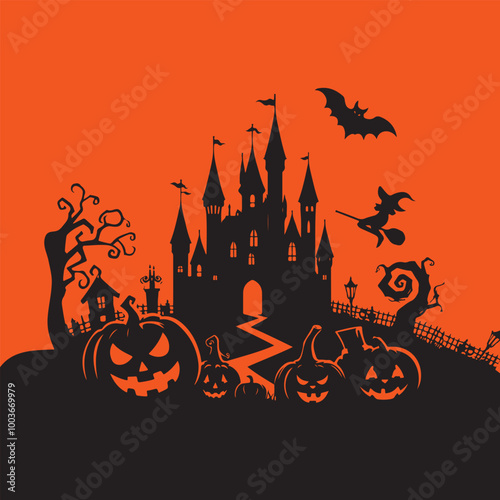 Halloween Haunted and Scary Ghost House Silhouette Vector illustration