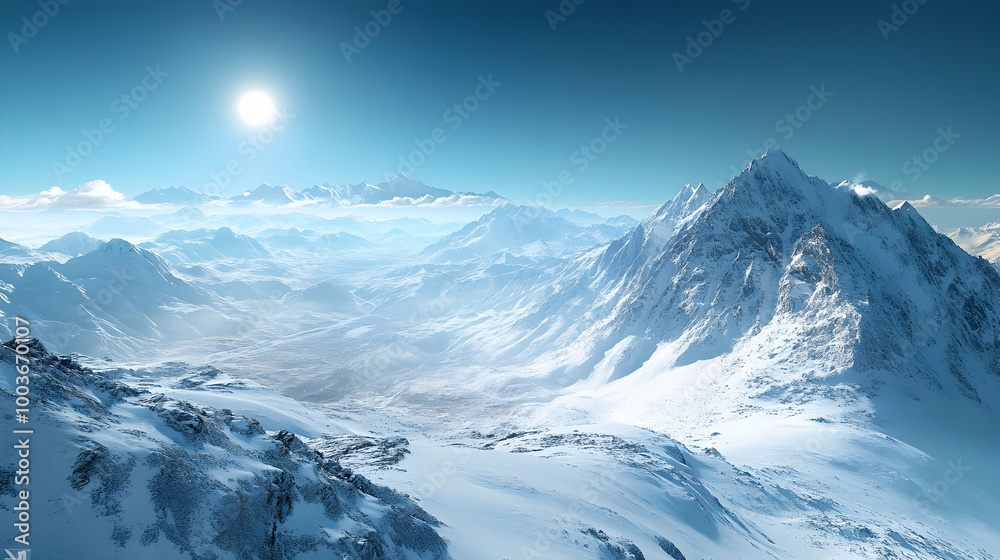 Snowy Mountain Range with Bright Blue Sky and Sun 3D Illustration Snowy Mountain Range with Bright Blue Sky and Sun 3D Illustration