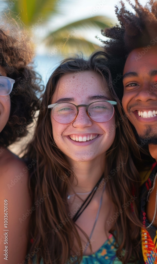 Fototapeta premium Three friends smiling and laughing together. AI.