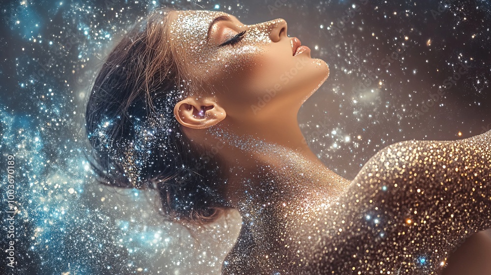 Beautiful woman with a cosmic background, stars and galaxies in her skin, creating an otherworldly portrait. Beautiful woman with a cosmic background, stars and galaxies in her skin, creating an otherworldly portrait.