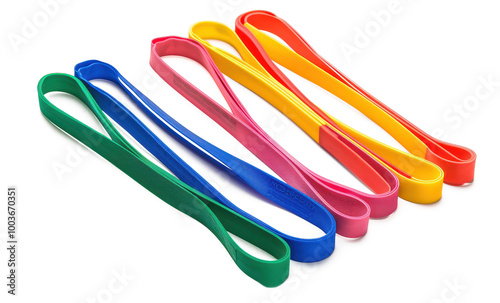 Resistance bands for weightlifting displayed on a clean white background for fitness enthusiasts and home workouts photo