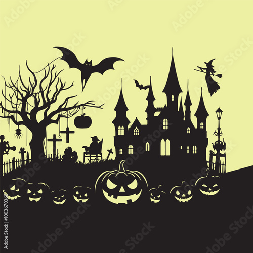 Halloween Haunted and Scary Ghost House Silhouette Vector illustration