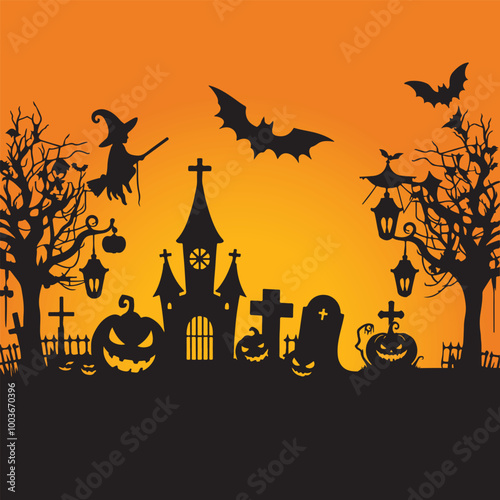 Halloween Haunted and Scary Ghost House Silhouette Vector illustration