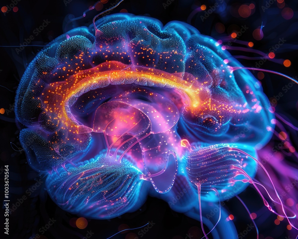 Fototapeta premium Abstract digital illustration of a human brain with glowing neurons.