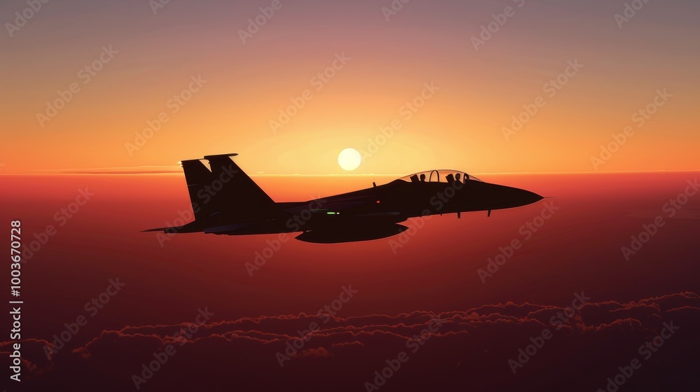 Shadowed silhouette of a sleek jet against a sunset sky. Shadowed silhouette of a sleek jet against a sunset sky.