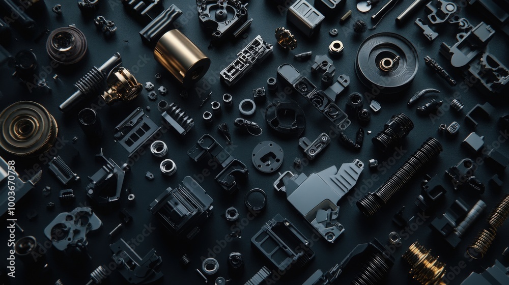 Detailed Image of Mechanical Components and Parts Arranged in Artistic Formation on a Dark Surface