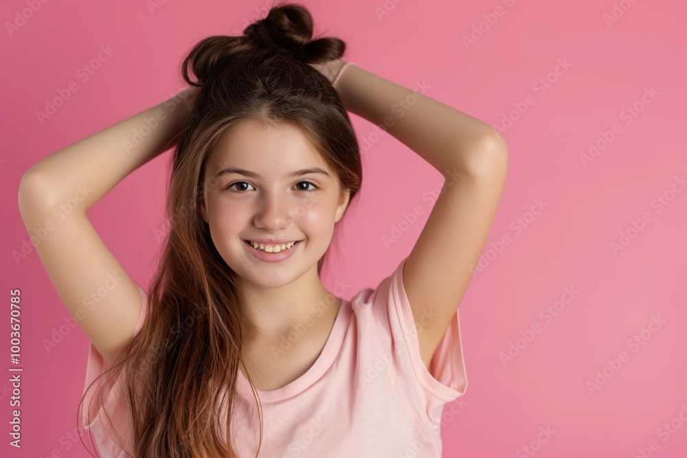 Smiling teenage girl on pink background. Happy young woman with confident expression. Casual attire, carefree mood, and joyful face. Beautiful caucasian teenager with cute hairstyle. Smiling teenage girl on pink background. Happy young woman with confident expression. Casual attire, carefree mood, and joyful face. Beautiful caucasian teenager with cute hairstyle.