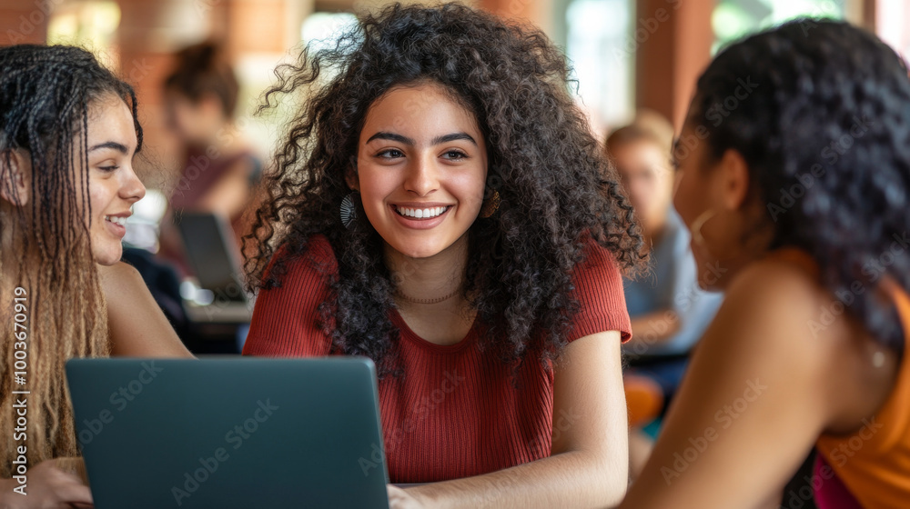 A group of students gathered around a laptop, collaborating on a project while chatting in a study lounge. A group of students gathered around a laptop, collaborating on a project while chatting in a study lounge.