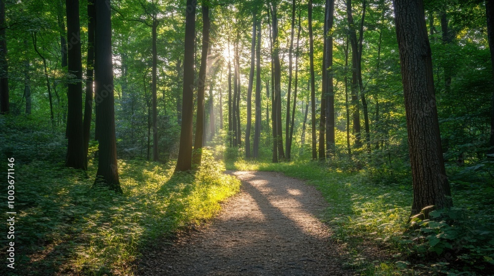 Photography of a sunlit forest path with high trees, capturing the gentle interplay of light Photography of a sunlit forest path with high trees, capturing the gentle interplay of light