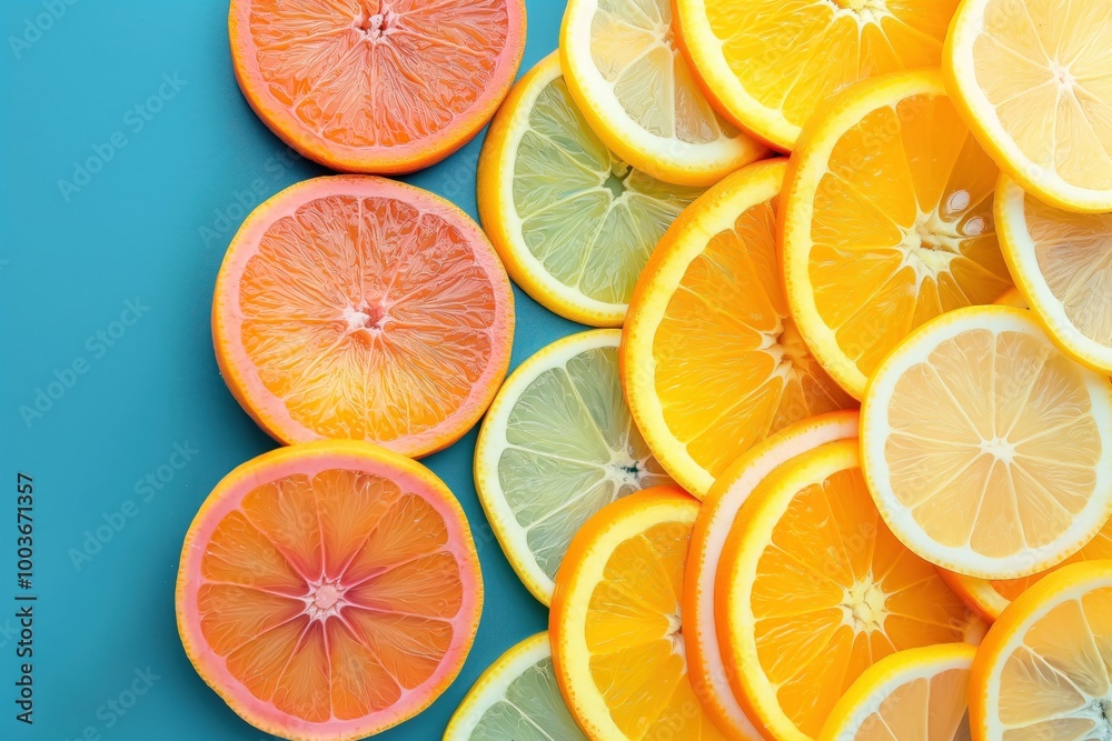 Fresh citrus fruits in vibrant colors on a flat background. Close-up of citrus slices, including orange, lemon, and grapefruit. Juicy and ripe fruits with different textures and patterns. Fresh citrus fruits in vibrant colors on a flat background. Close-up of citrus slices, including orange, lemon, and grapefruit. Juicy and ripe fruits with different textures and patterns.