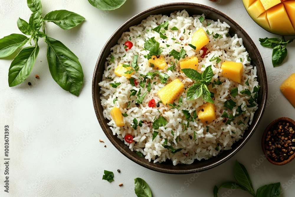 Fragrant coconut rice served with mango slices, placed on the right side of a clean white table, professional overhead shot.