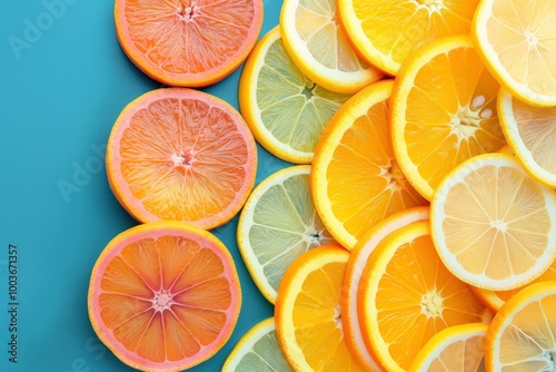 Fresh citrus fruits in vibrant colors on a flat background. Close-up of citrus slices, including orange, lemon, and grapefruit. Juicy and ripe fruits with different textures and patterns.